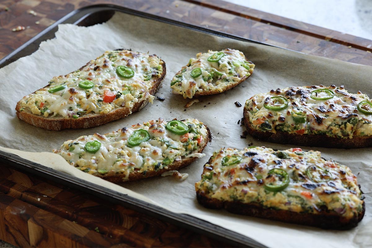 chilli cheese toasts on the baking sheet after baking