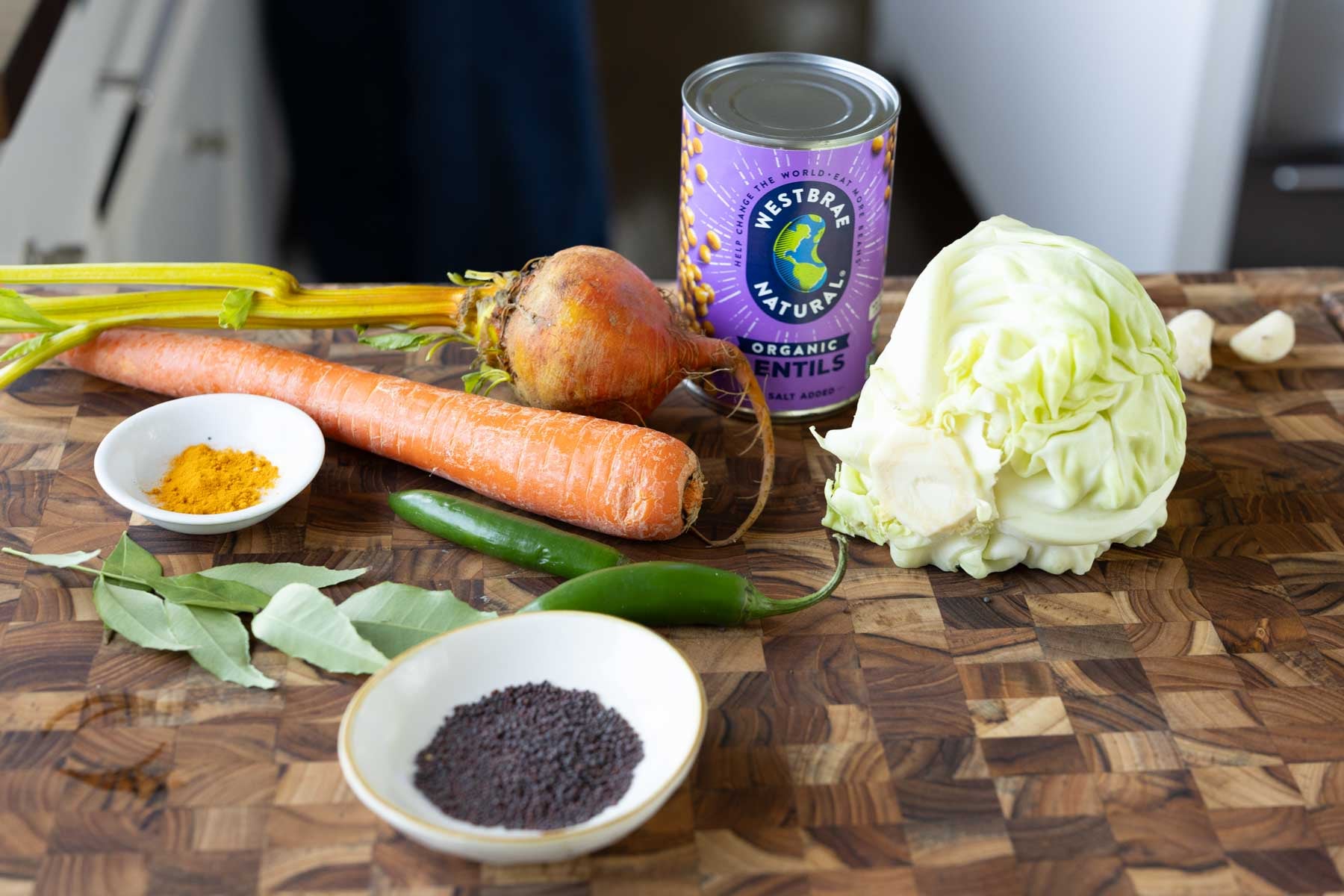Indian cabbage salad ingredients on the kitchen counter
