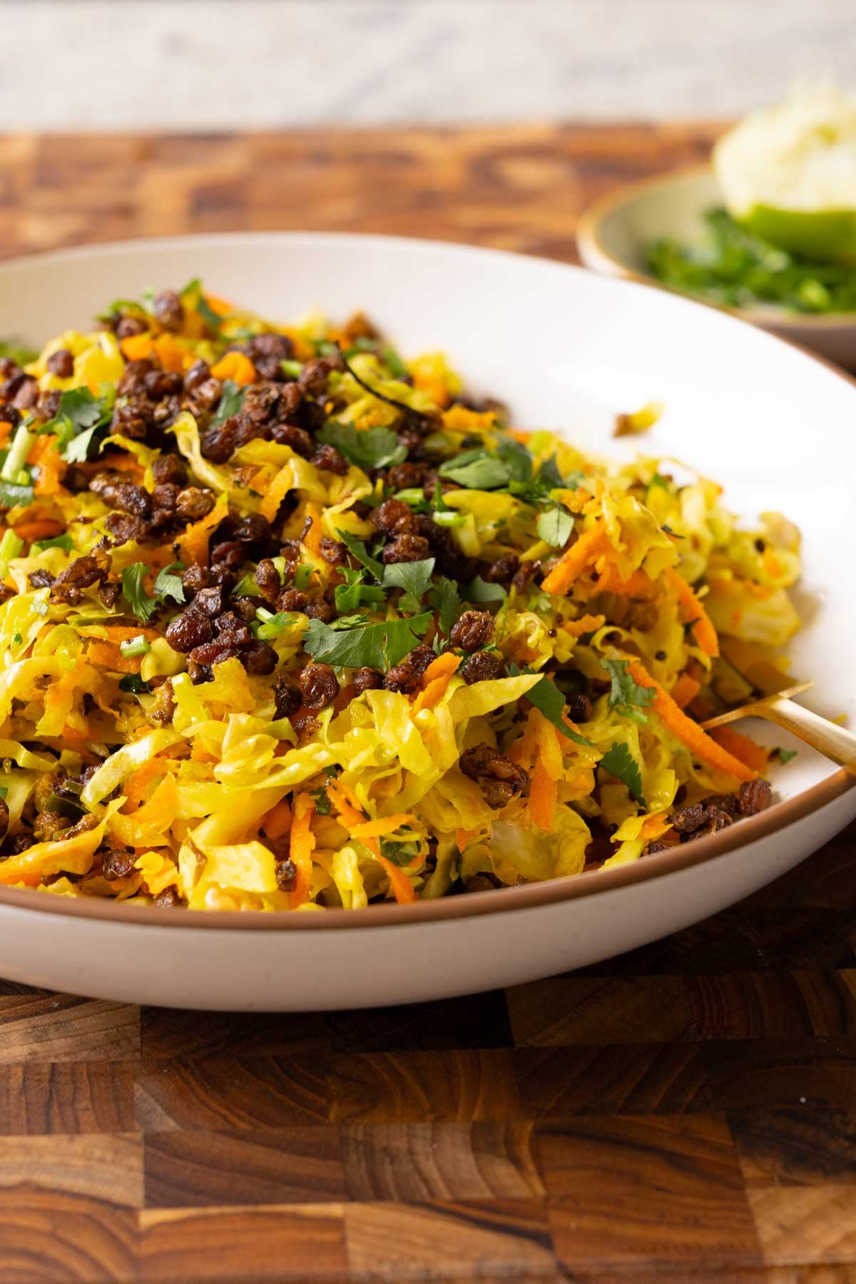 close-up of sambharo in a bowl with a spoon