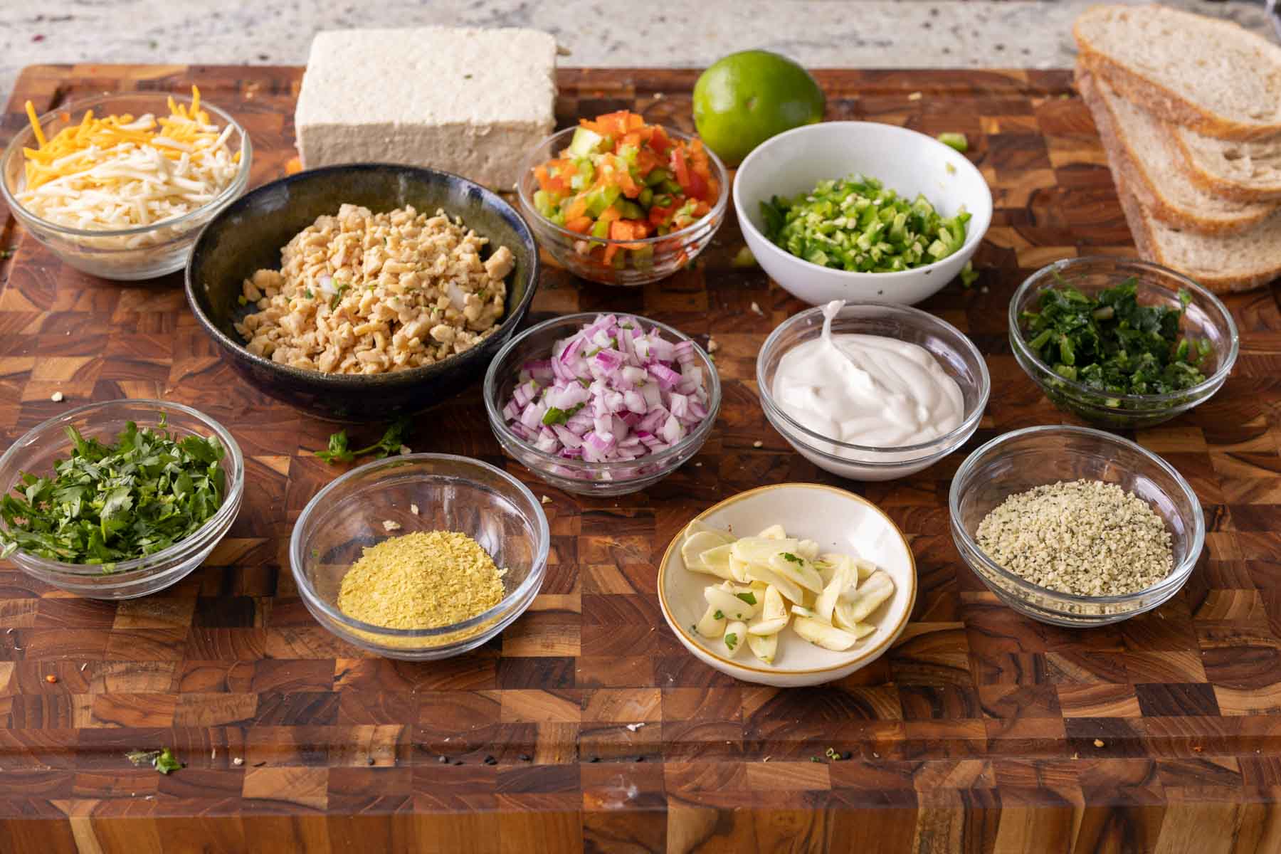 Indian chilli cheese toasts ingredients after prepping