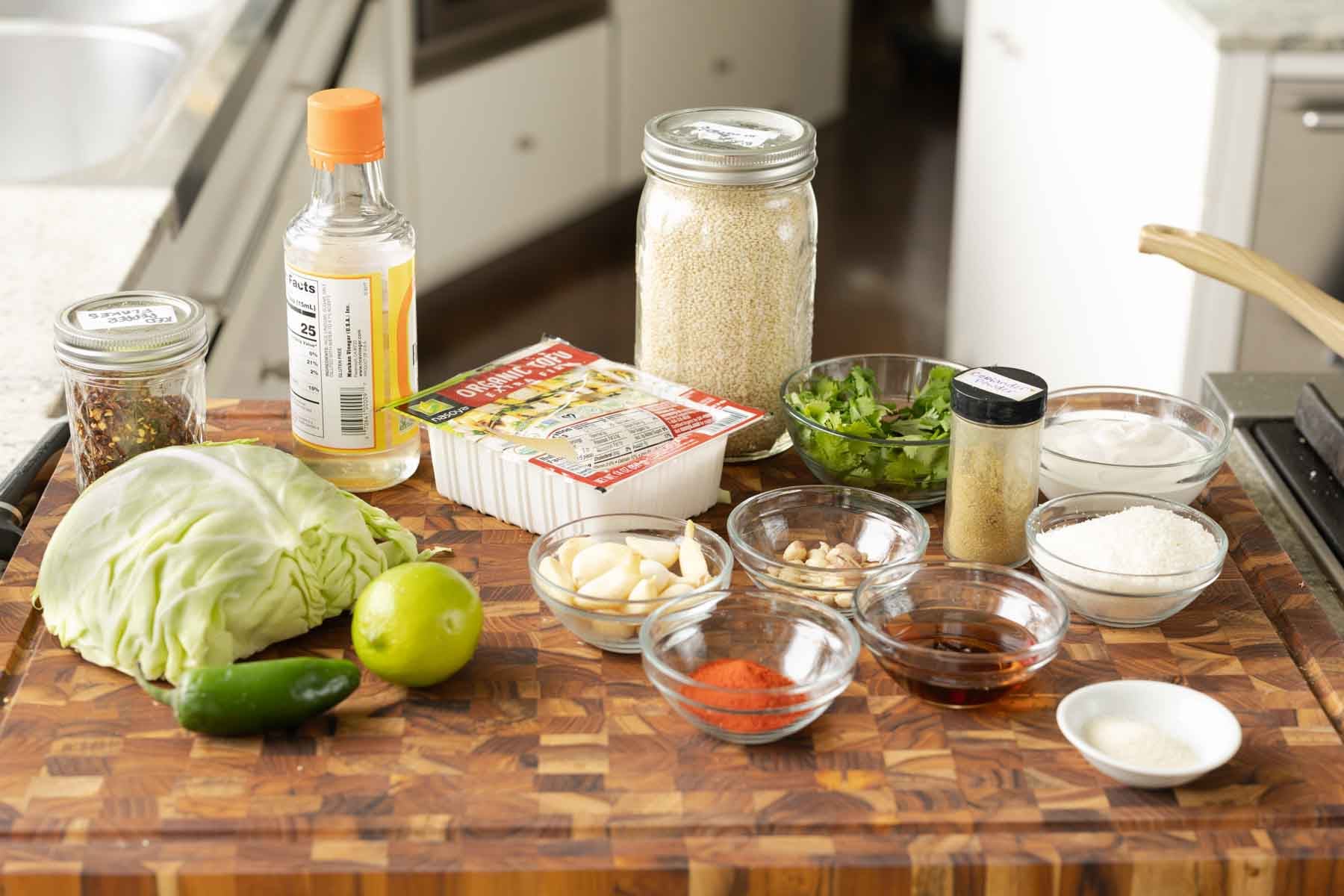 coconut tofu sanwich ingredients on the cutting board