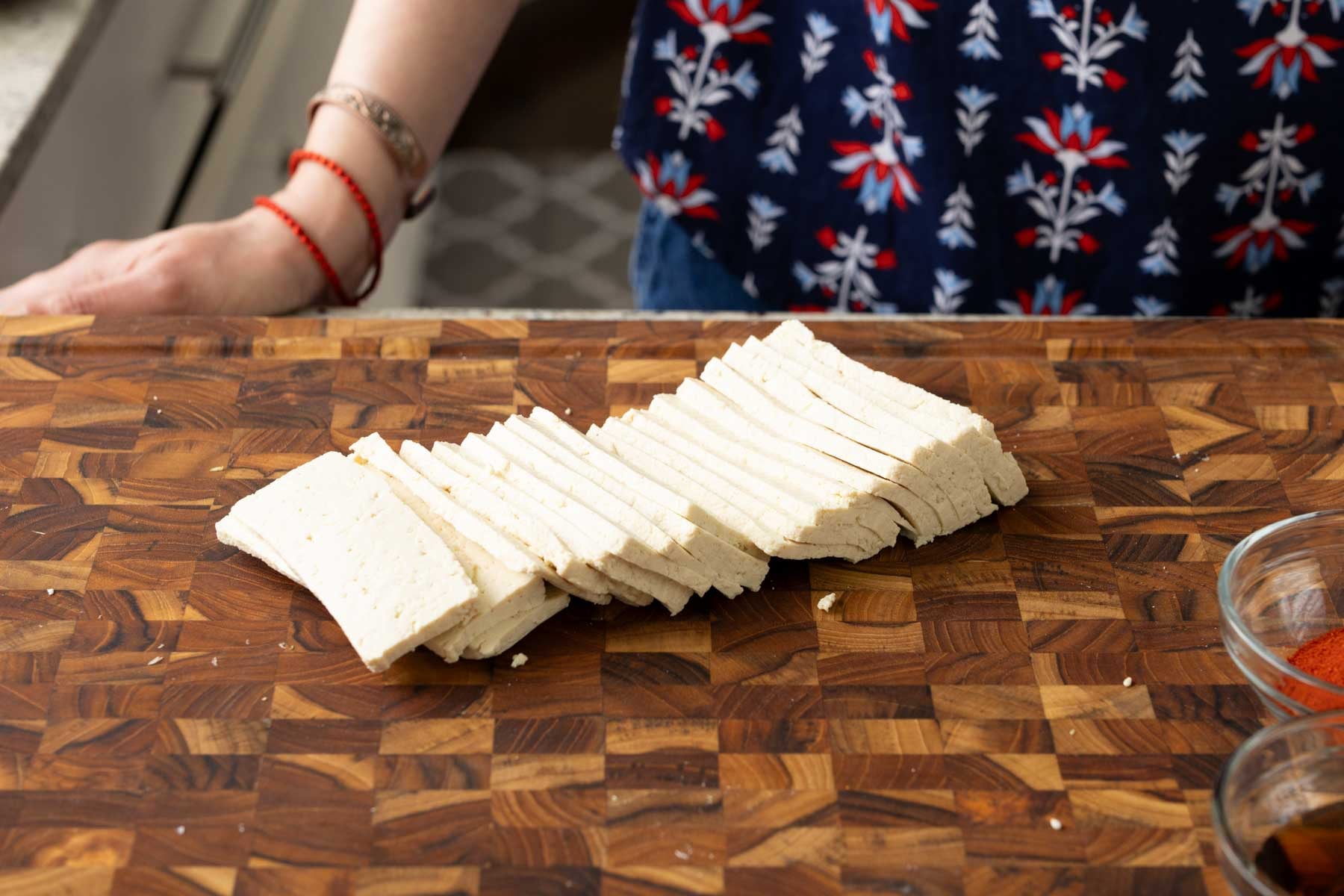sliced tofu on the cutting board