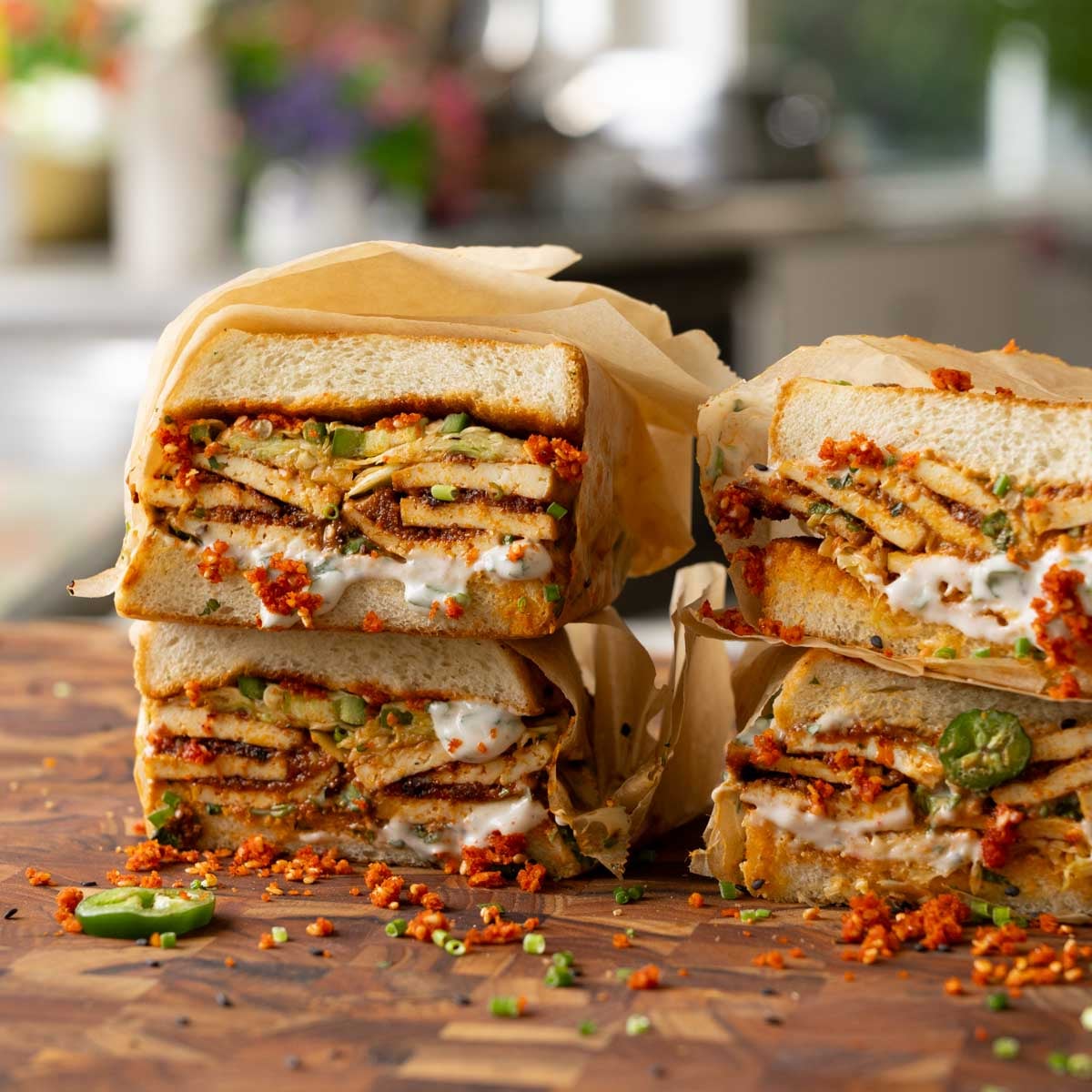 stack of coconut tofu sandwiches on a cutting board