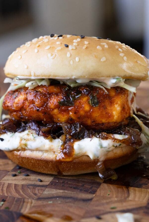 close-up of curry glazed tofu sandwich