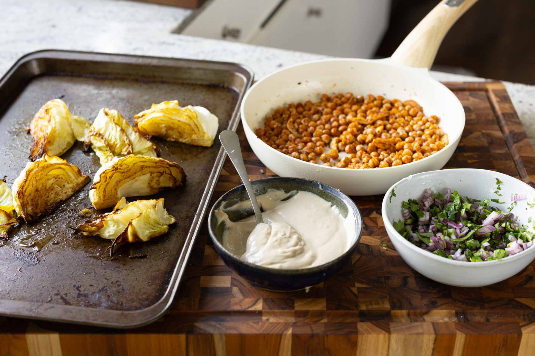 roasted cabbage components on the counter after preparing