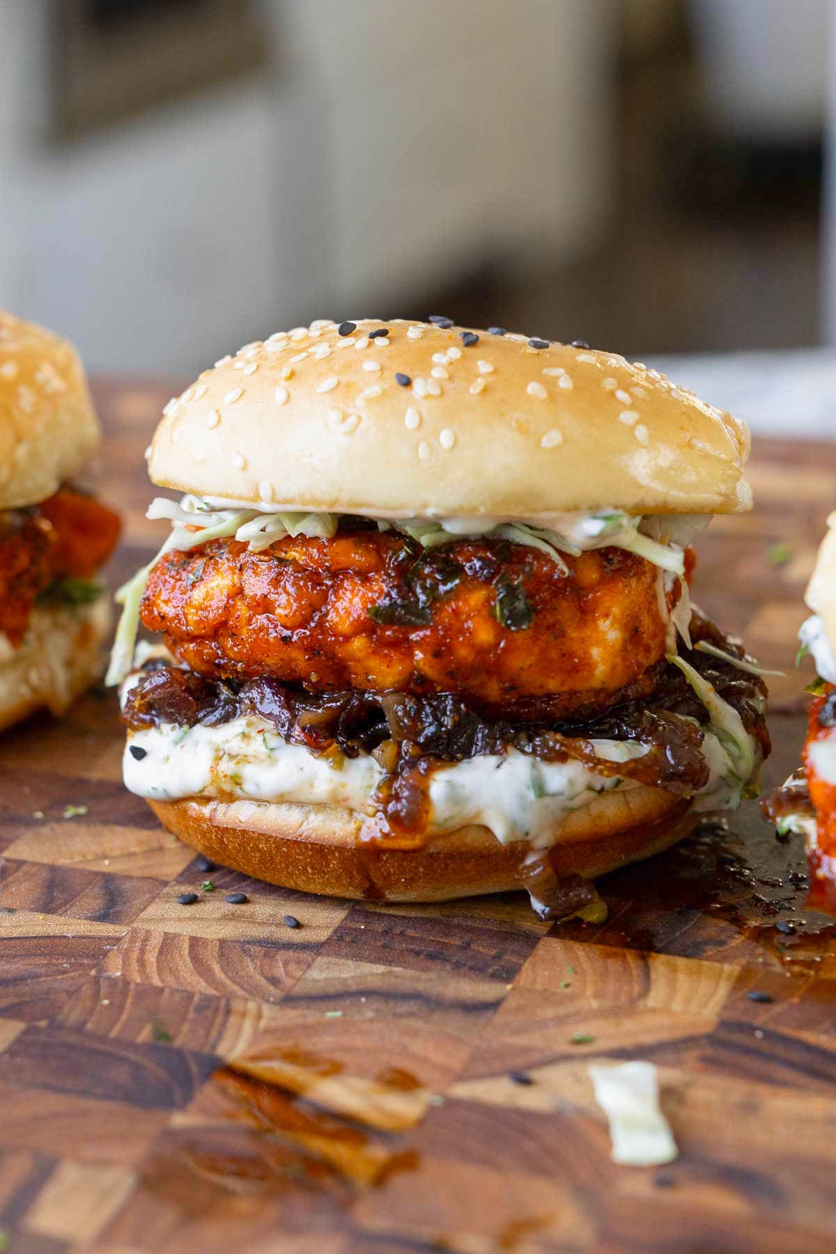 cutlet-style crispy curry tofu sandwich on a cutting board