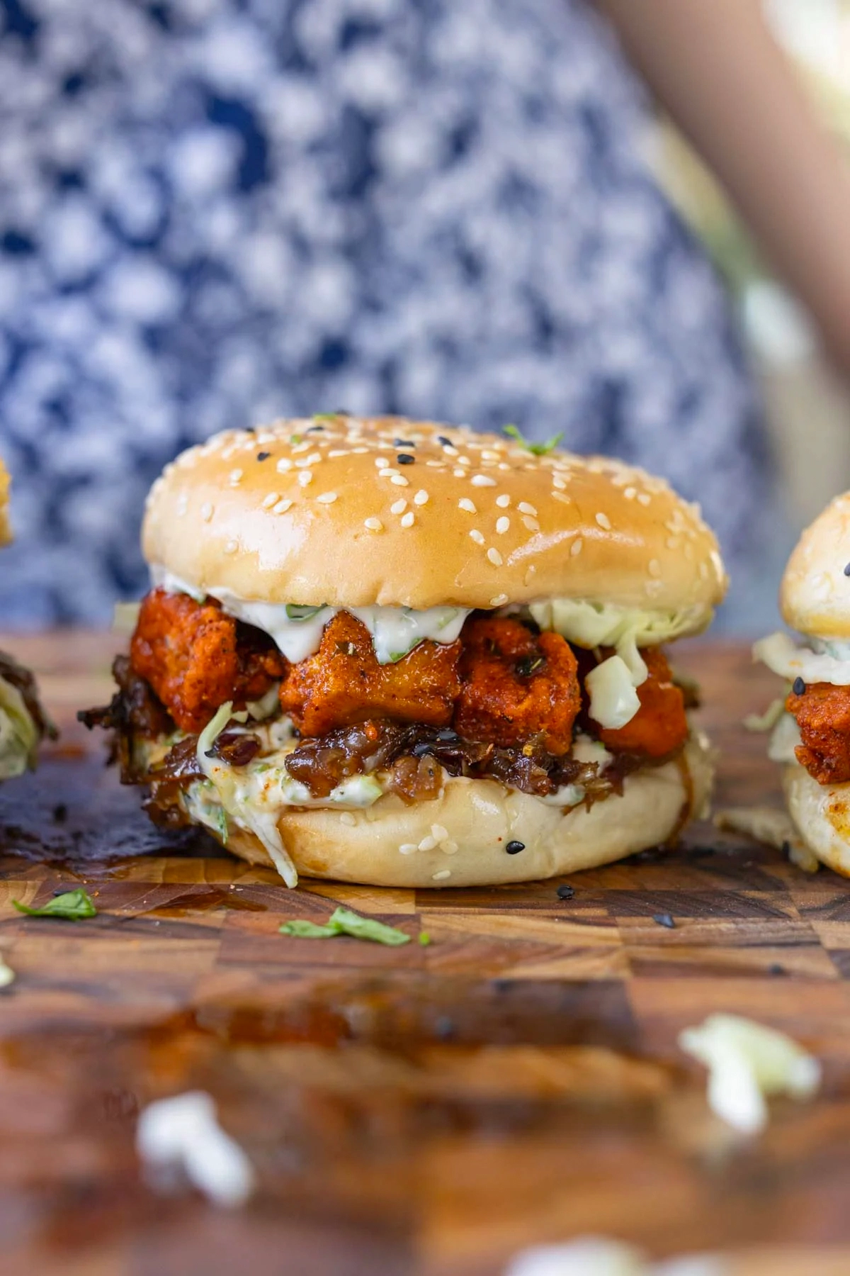 curry tofu sandwich on the cutting board