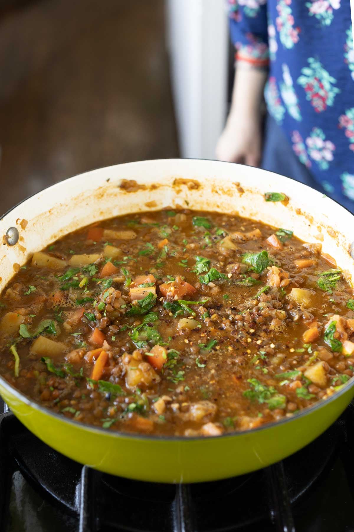 lentil potato soup in the pan after cooking