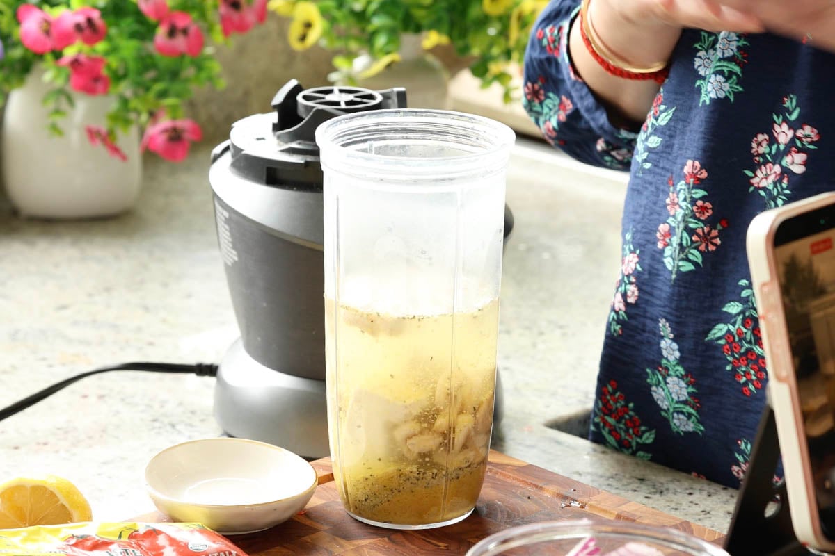 cream mixture in the blender before blending